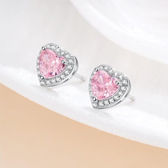 Pink Sterling Silver Heart Cubic Zirconia Stud Earrings for Women - Picture 2 of 7